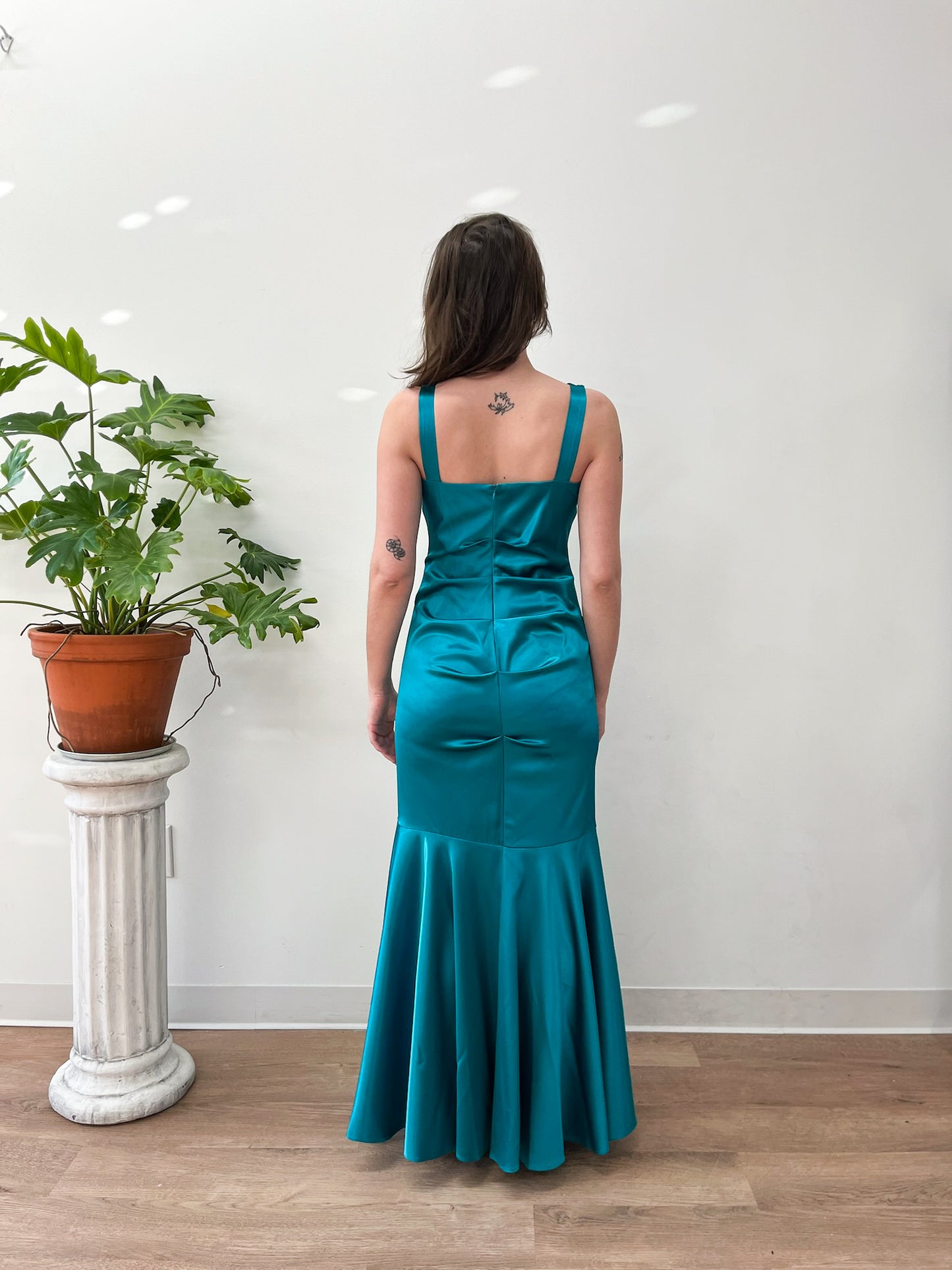2000s Y2K Vintage Teal Mermaid Hem Prom Formal Party Gown Dress