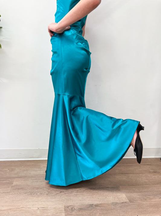 2000s Y2K Vintage Teal Mermaid Hem Prom Formal Party Gown Dress