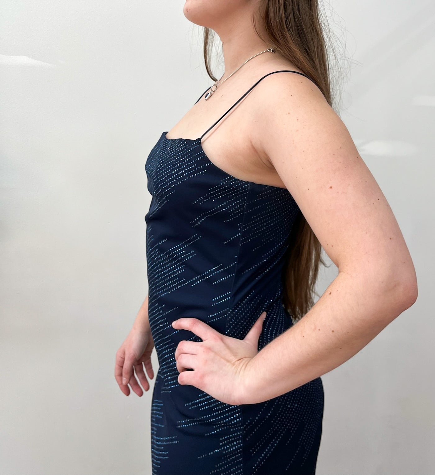 1990s Vintage Night Sky Deep Navy Sequined Prom Party Dress