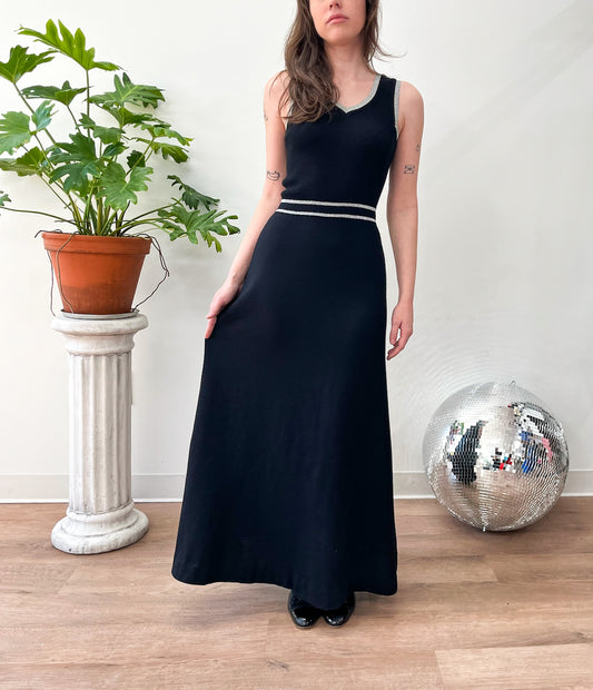 1970s Vintage Black & Silver Knit Maxi Dress by Roncelli
