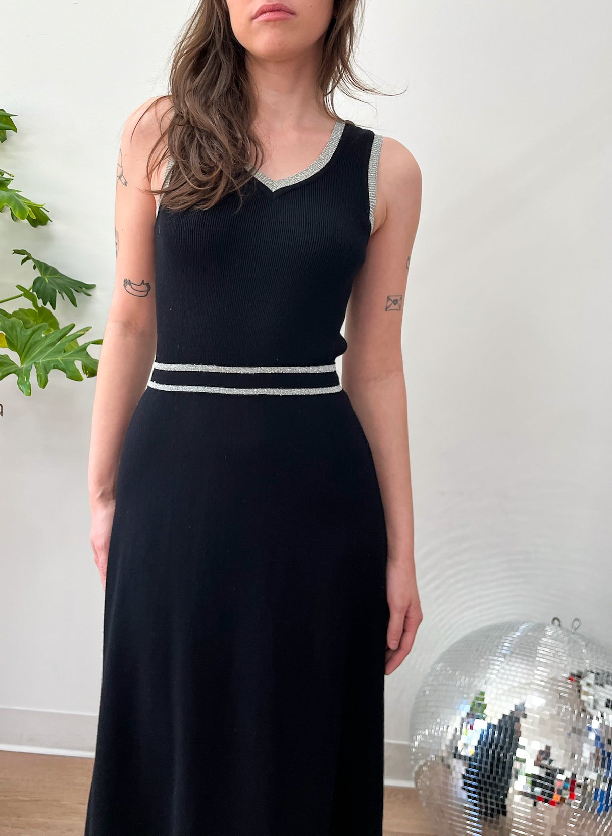 1970s Vintage Black & Silver Knit Maxi Dress by Roncelli