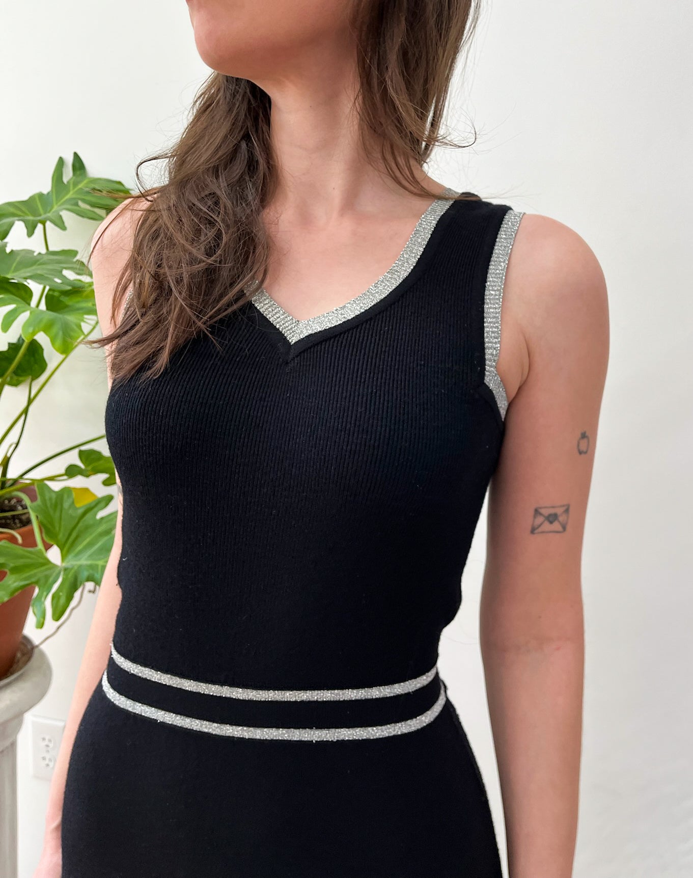 1970s Vintage Black & Silver Knit Maxi Dress by Roncelli