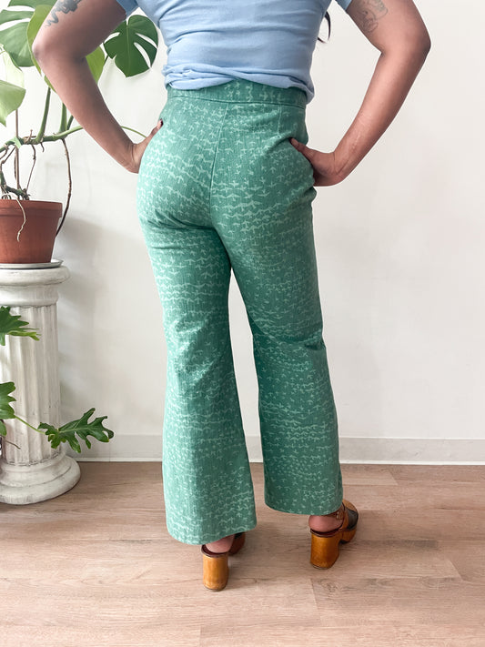 1970's Vintage Birds in Flight Sage Green Bellbottom Jeans