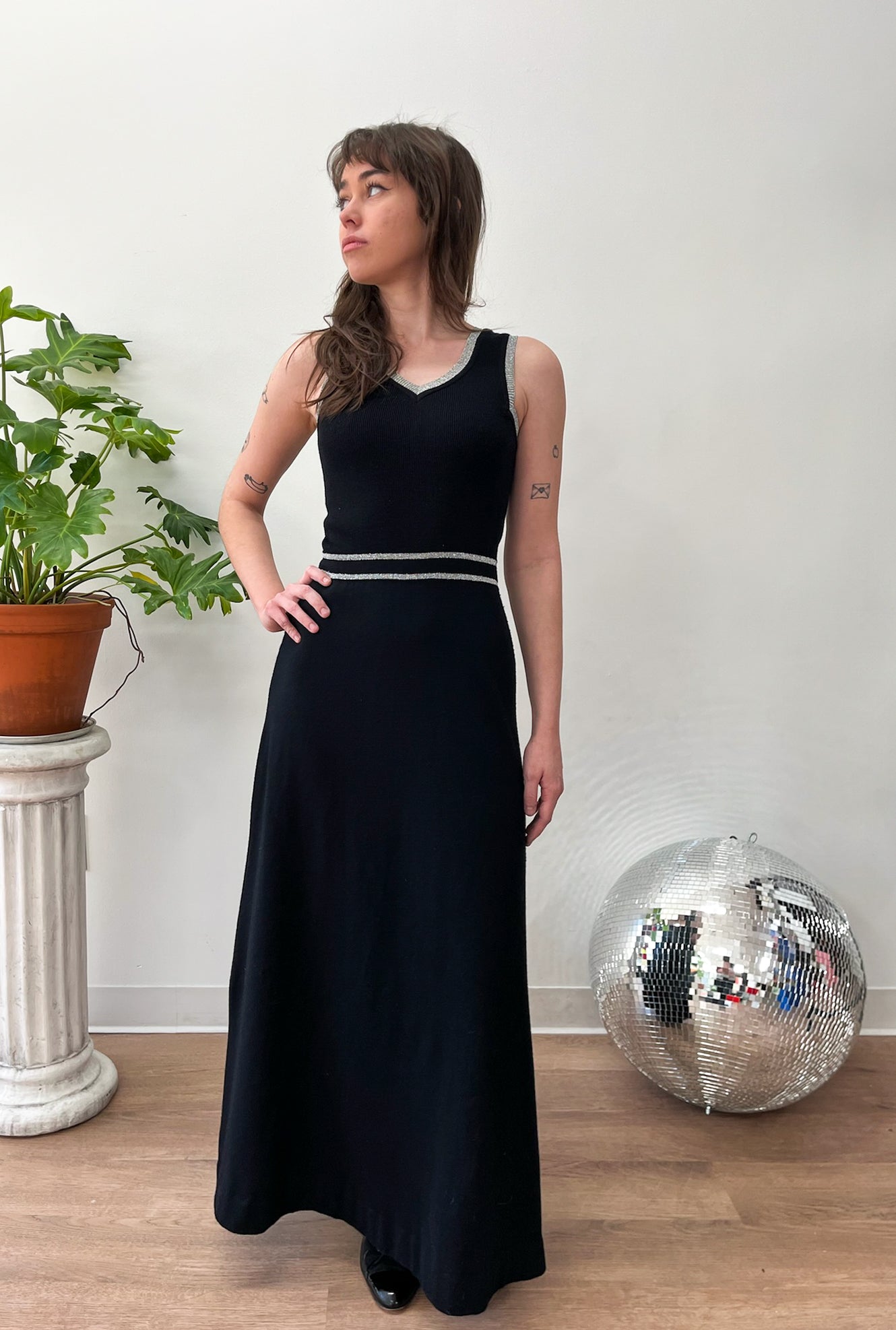 1970s Vintage Black & Silver Knit Maxi Dress by Roncelli