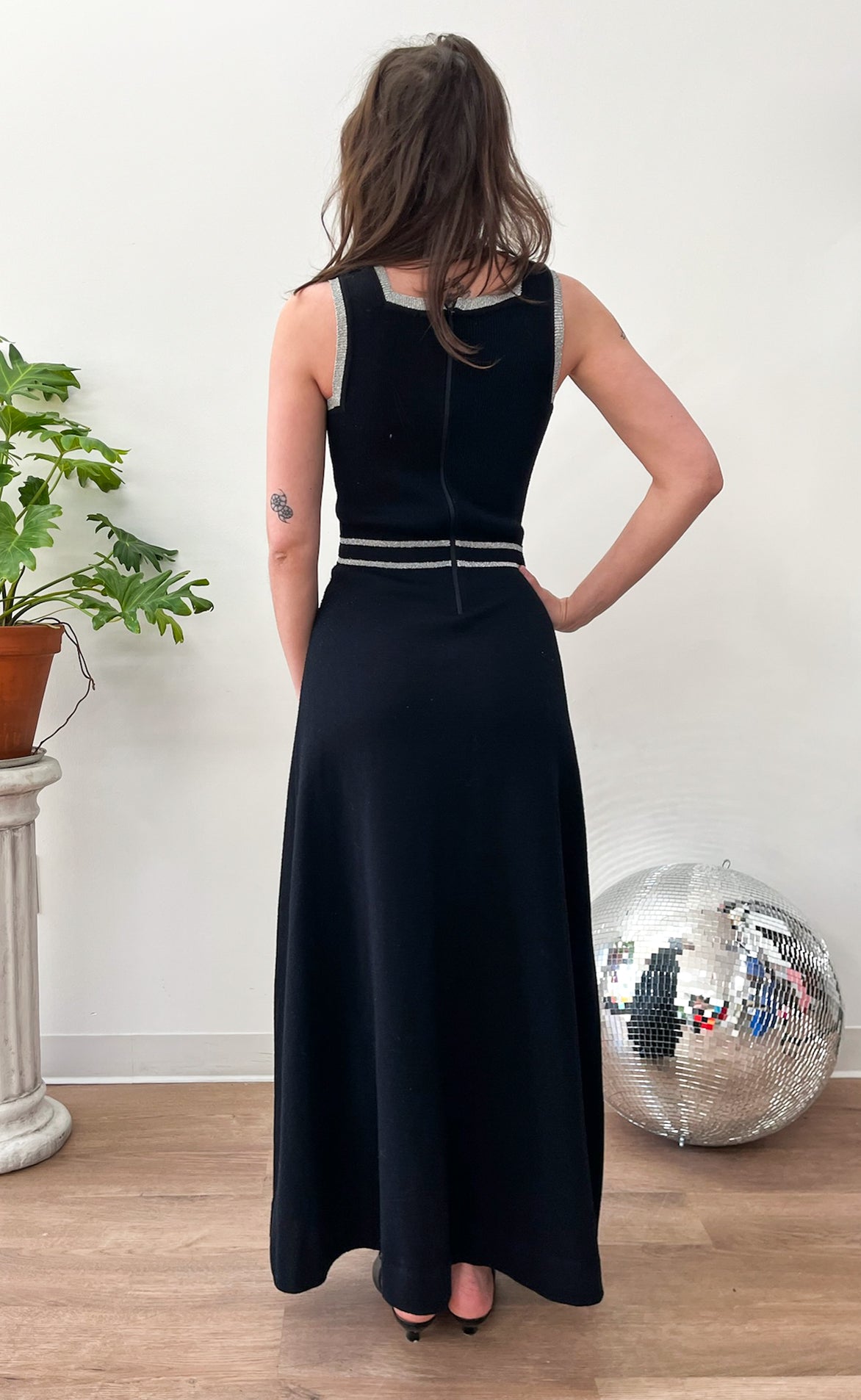 1970s Vintage Black & Silver Knit Maxi Dress by Roncelli