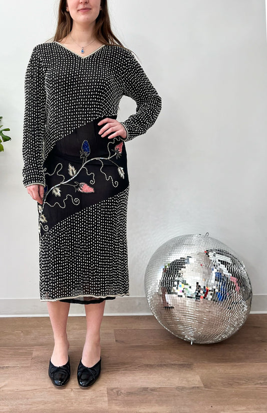 1980s Vintage Sheer Heavily Beaded Silk Party Dress with Cutout & Floral Designs