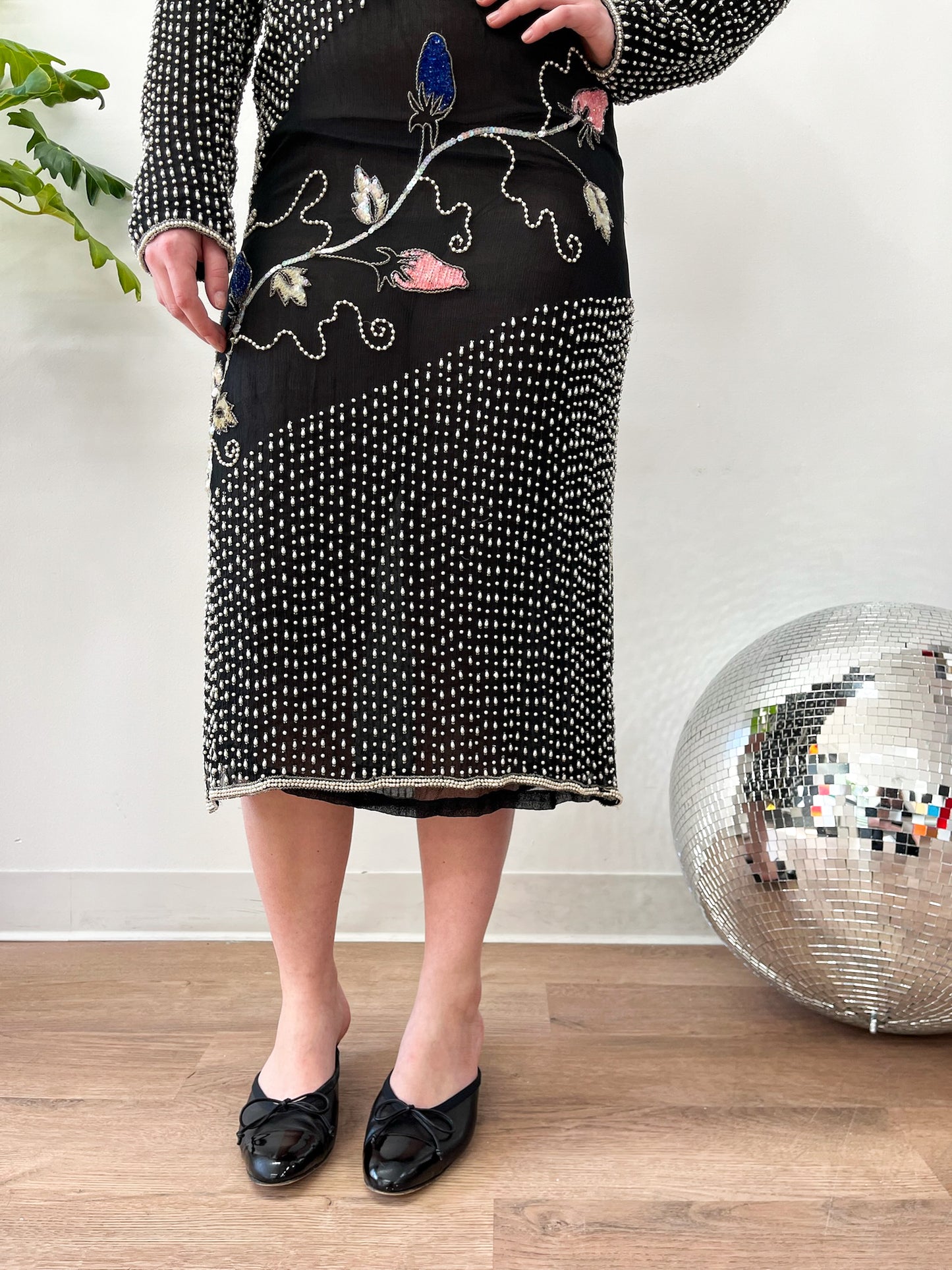 1980s Vintage Sheer Heavily Beaded Silk Party Dress with Cutout & Floral Designs