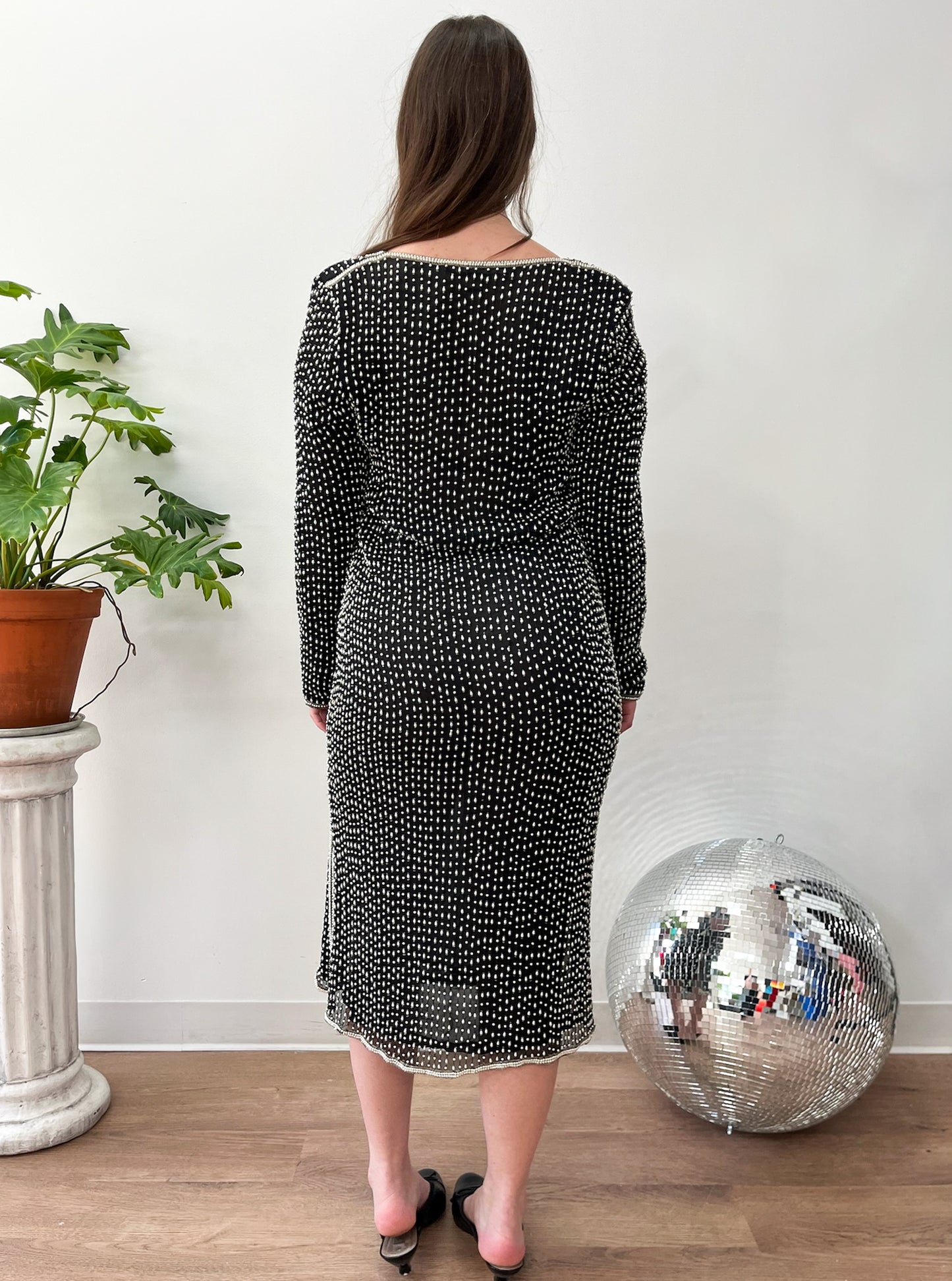 1980s Vintage Sheer Heavily Beaded Silk Party Dress with Cutout & Floral Designs