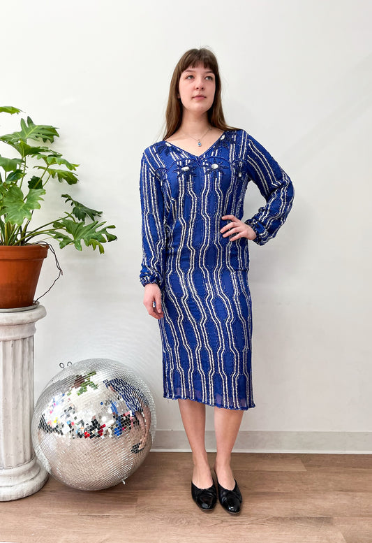 1980s Vintage Cobalt Blue Heavily Beaded 80s does 20s Gatsby Party Dress