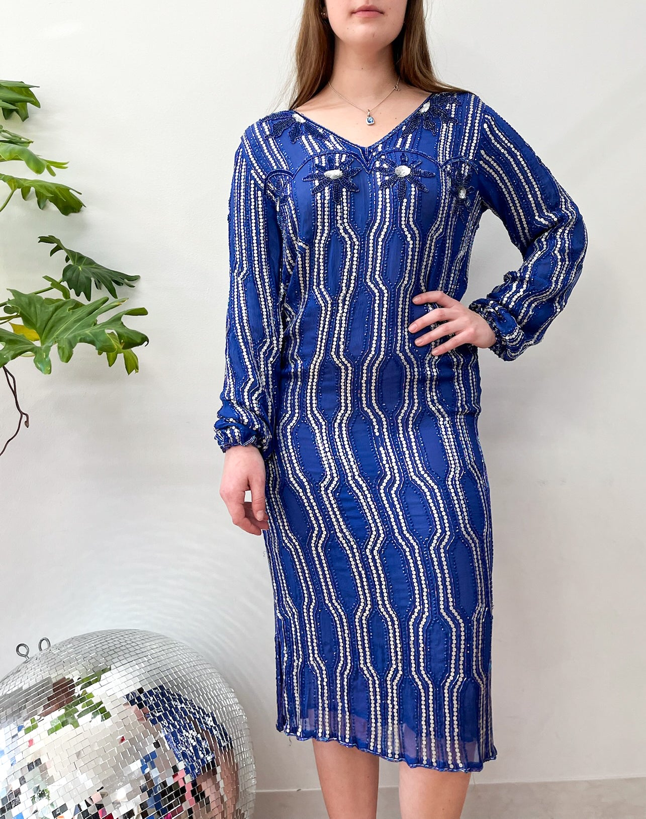 1980s Vintage Cobalt Blue Heavily Beaded 80s does 20s Gatsby Party Dress