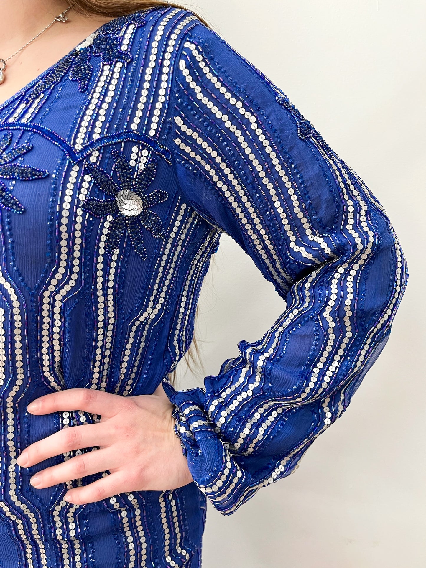 1980s Vintage Cobalt Blue Heavily Beaded 80s does 20s Gatsby Party Dress