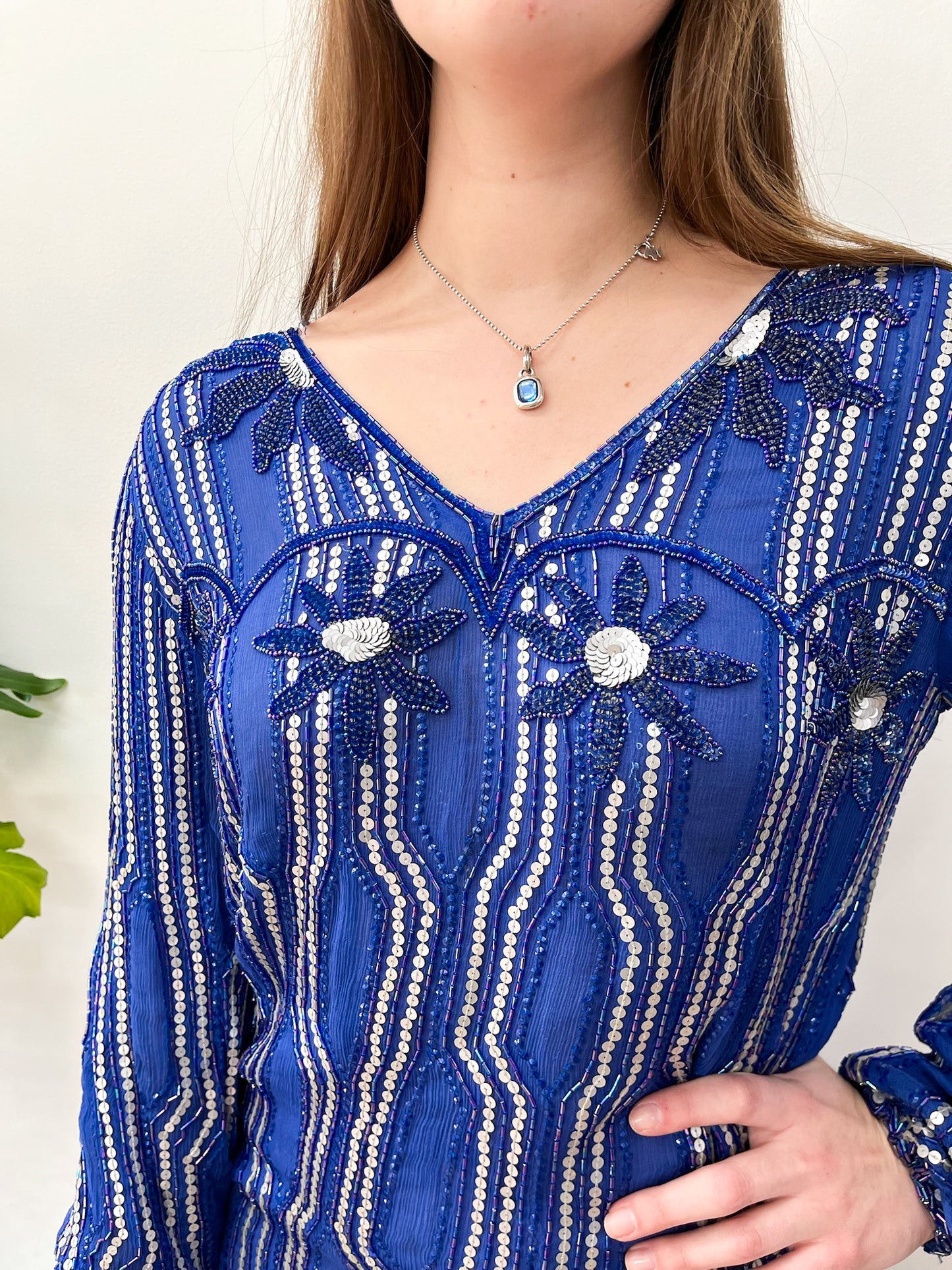 1980s Vintage Cobalt Blue Heavily Beaded 80s does 20s Gatsby Party Dress