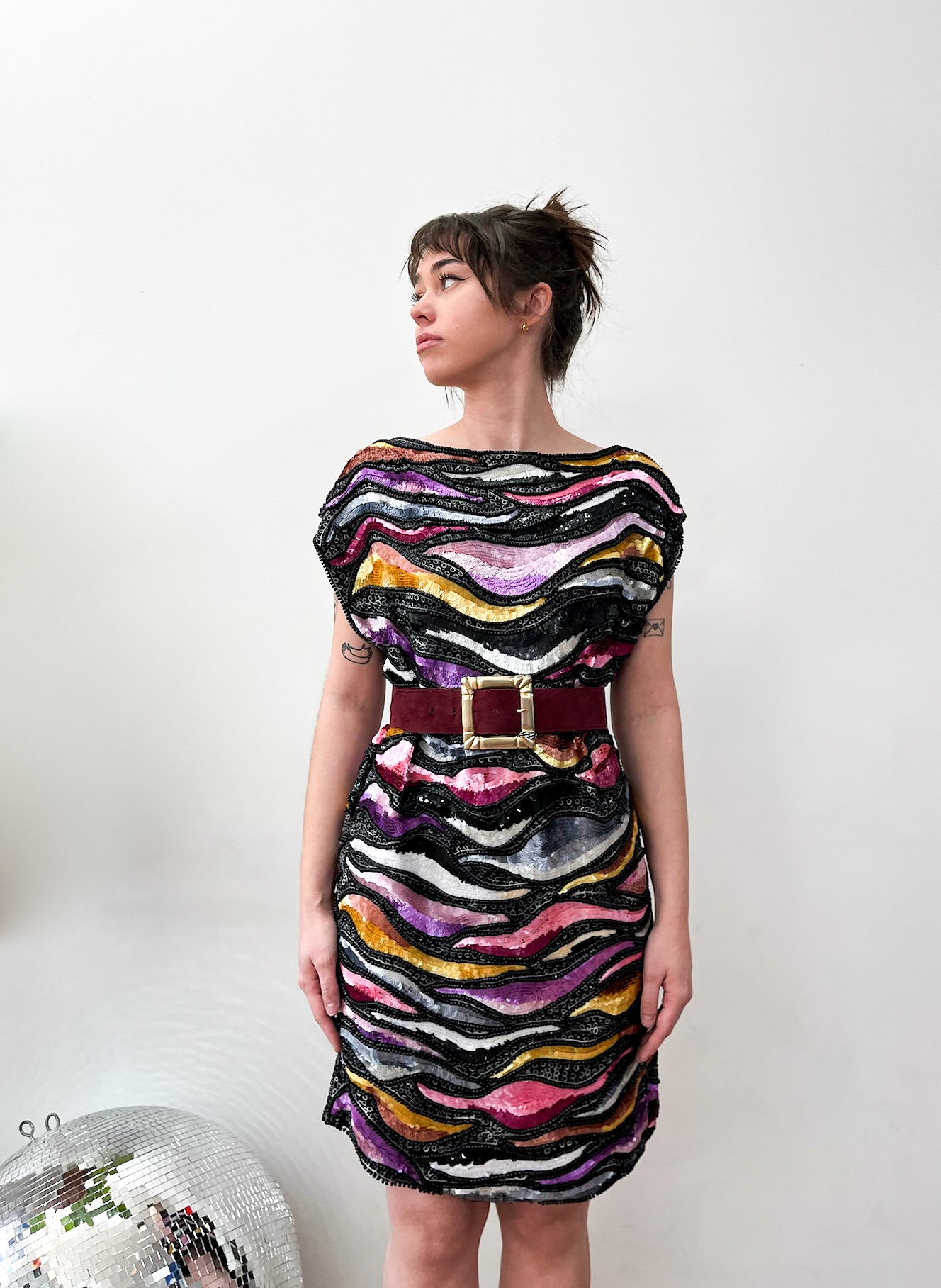 1980s Vintage Sequins All Over Rainbow Waves Heavily Beaded Silk Party Dress - NWT