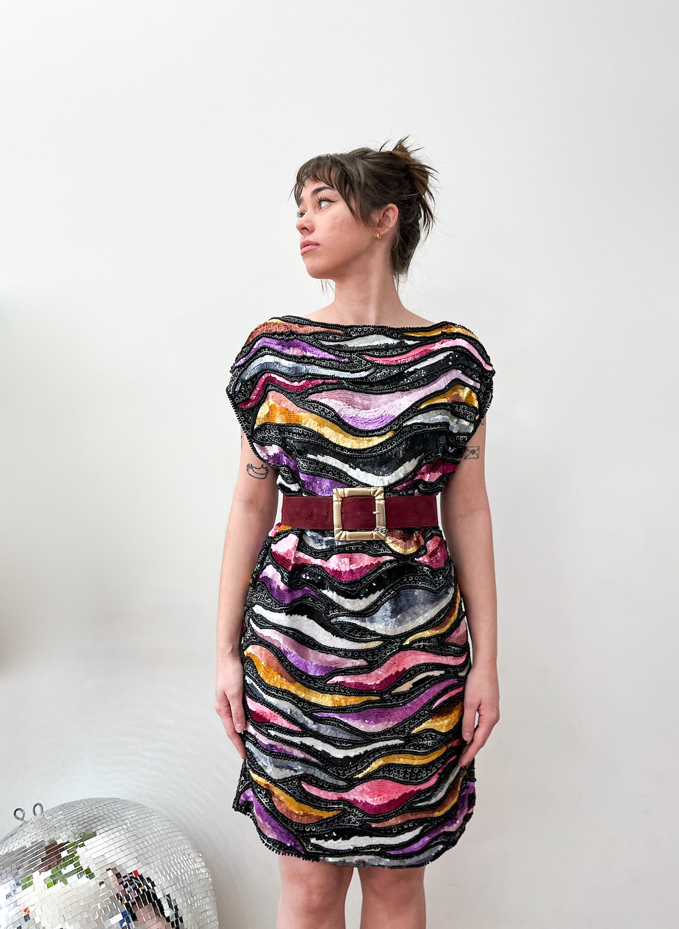 1980s Vintage Sequins All Over Rainbow Waves Heavily Beaded Silk Party Dress - NWT