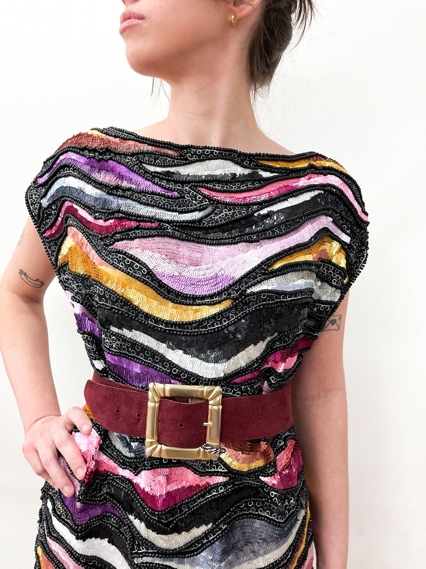 1980s Vintage Sequins All Over Rainbow Waves Heavily Beaded Silk Party Dress - NWT