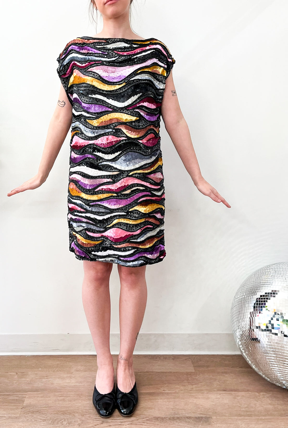 1980s Vintage Sequins All Over Rainbow Waves Heavily Beaded Silk Party Dress - NWT