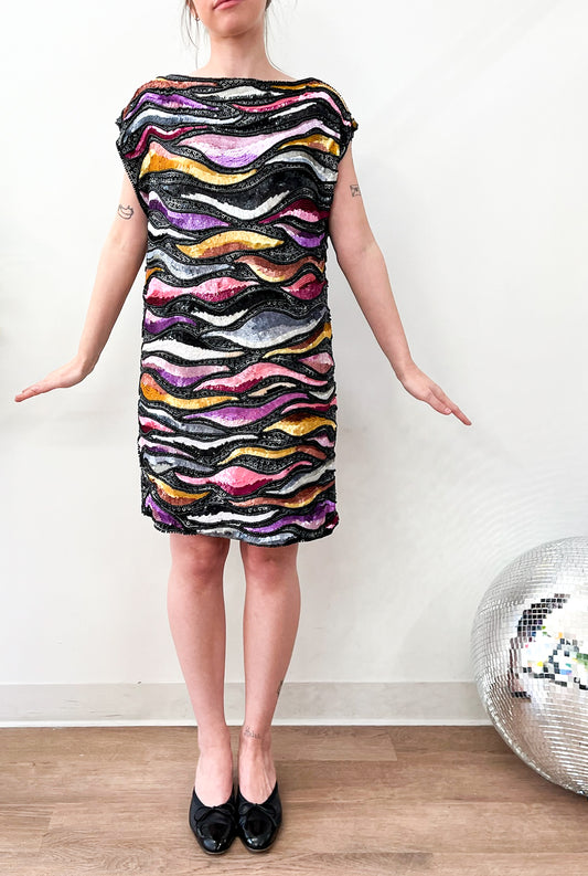 1980s Vintage Sequins All Over Rainbow Waves Heavily Beaded Silk Party Dress - NWT