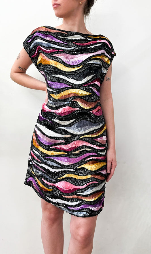 1980s Vintage Sequins All Over Rainbow Waves Heavily Beaded Silk Party Dress - NWT