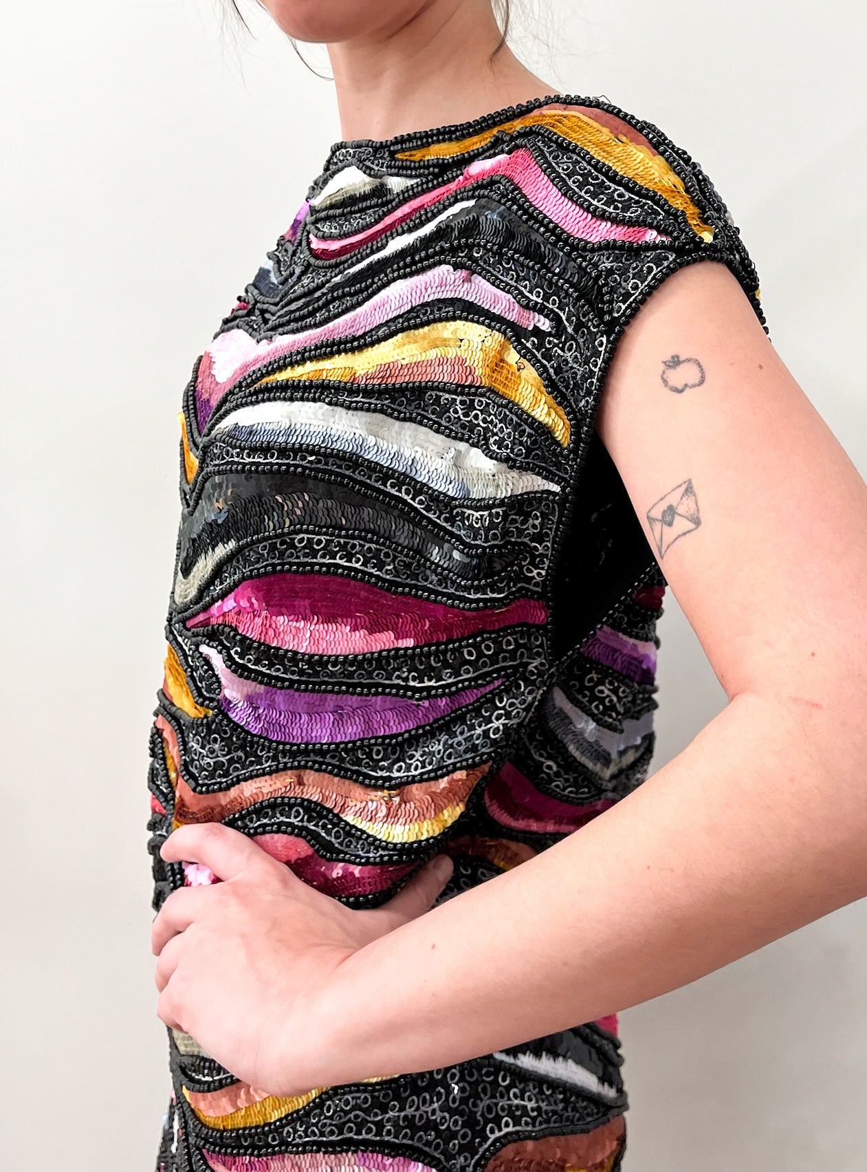 1980s Vintage Sequins All Over Rainbow Waves Heavily Beaded Silk Party Dress - NWT