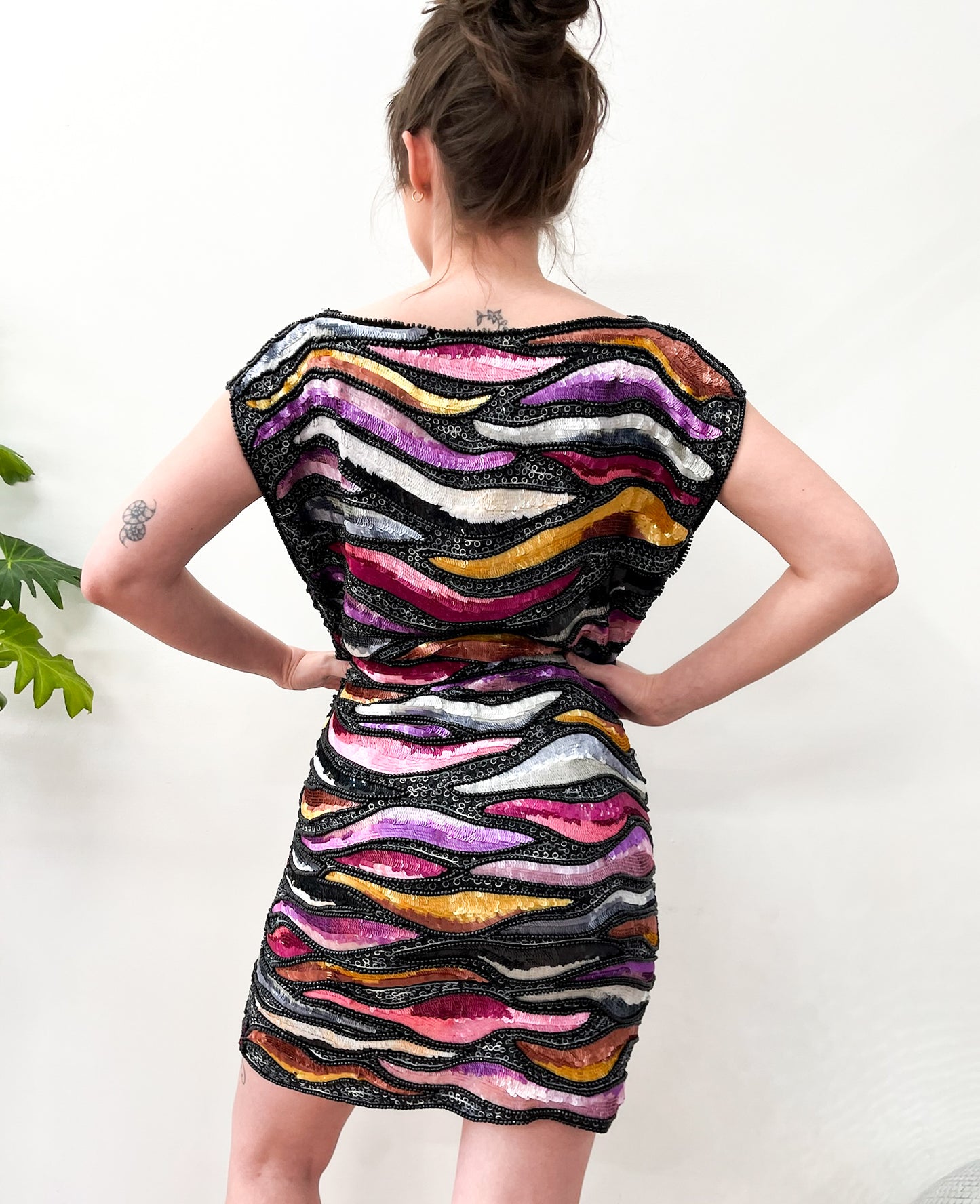 1980s Vintage Sequins All Over Rainbow Waves Heavily Beaded Silk Party Dress - NWT