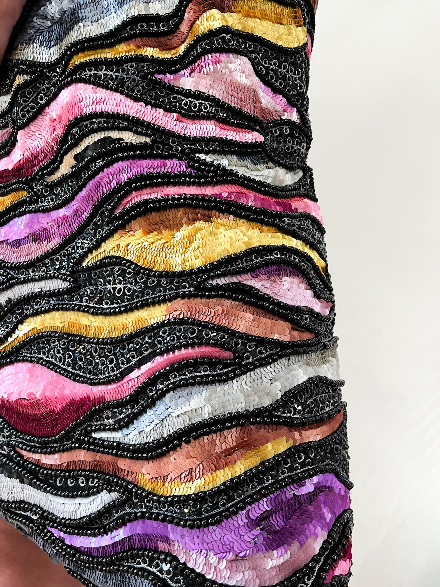 1980s Vintage Sequins All Over Rainbow Waves Heavily Beaded Silk Party Dress - NWT