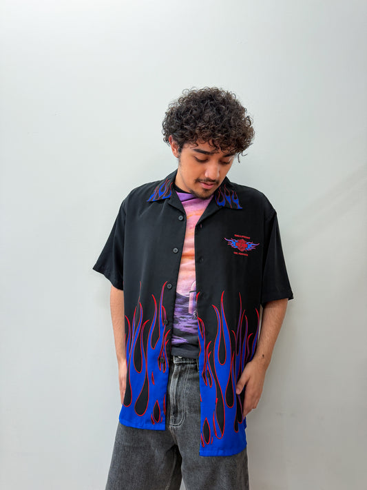 1990s Vintage Harley Davidson Blue & Red Flames Motorcycle Button Up Work Shirt