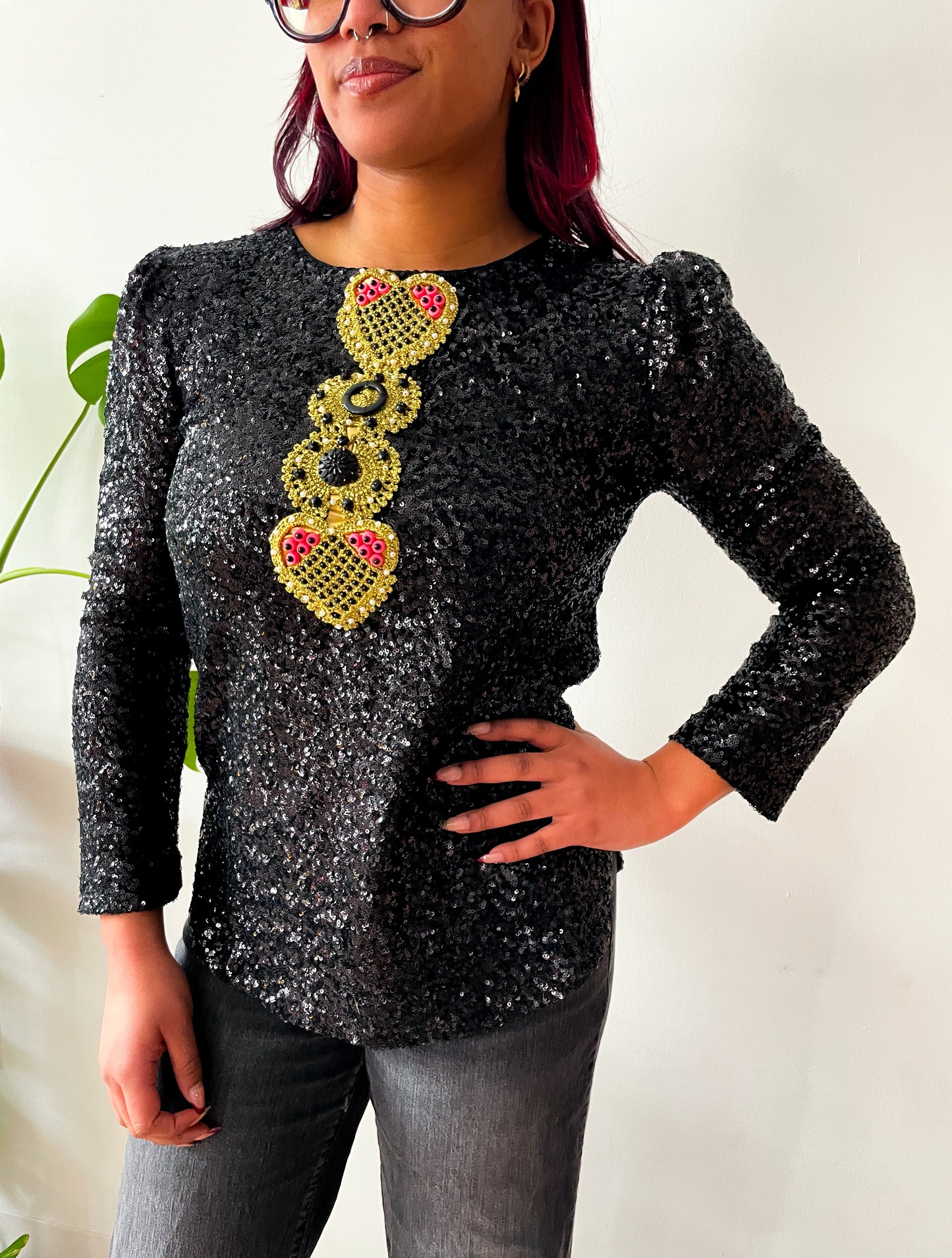 2000s Y2K Vintage Sequinned Golden Hearts Blouse