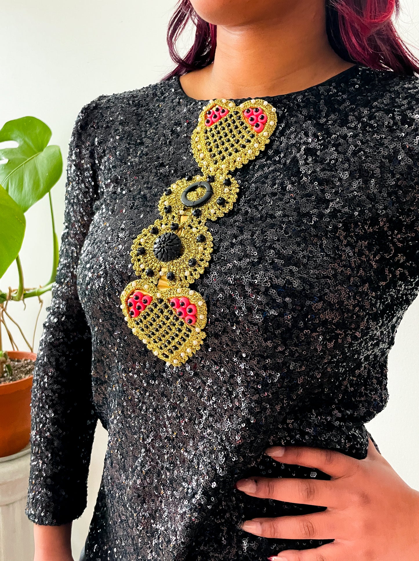 2000s Y2K Vintage Sequinned Golden Hearts Blouse