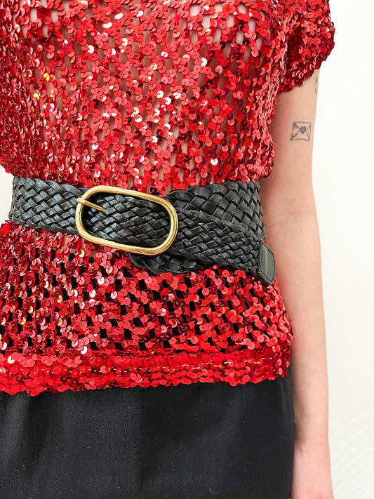 1990s Vintage Woven Leather Belt with Brass Oval Buckle