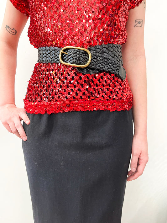 1990s Vintage Woven Leather Belt with Brass Oval Buckle