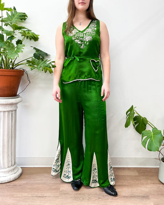 1930s Vintage Emerald Green Embroidered Beach Pajamas Lounge Set