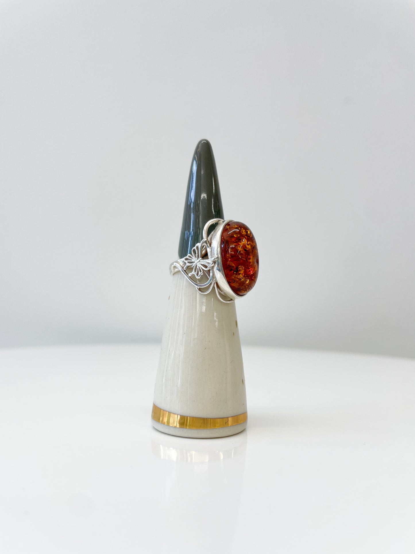 1970s Vintage Sterling and Amber Butterfly Motif Ring