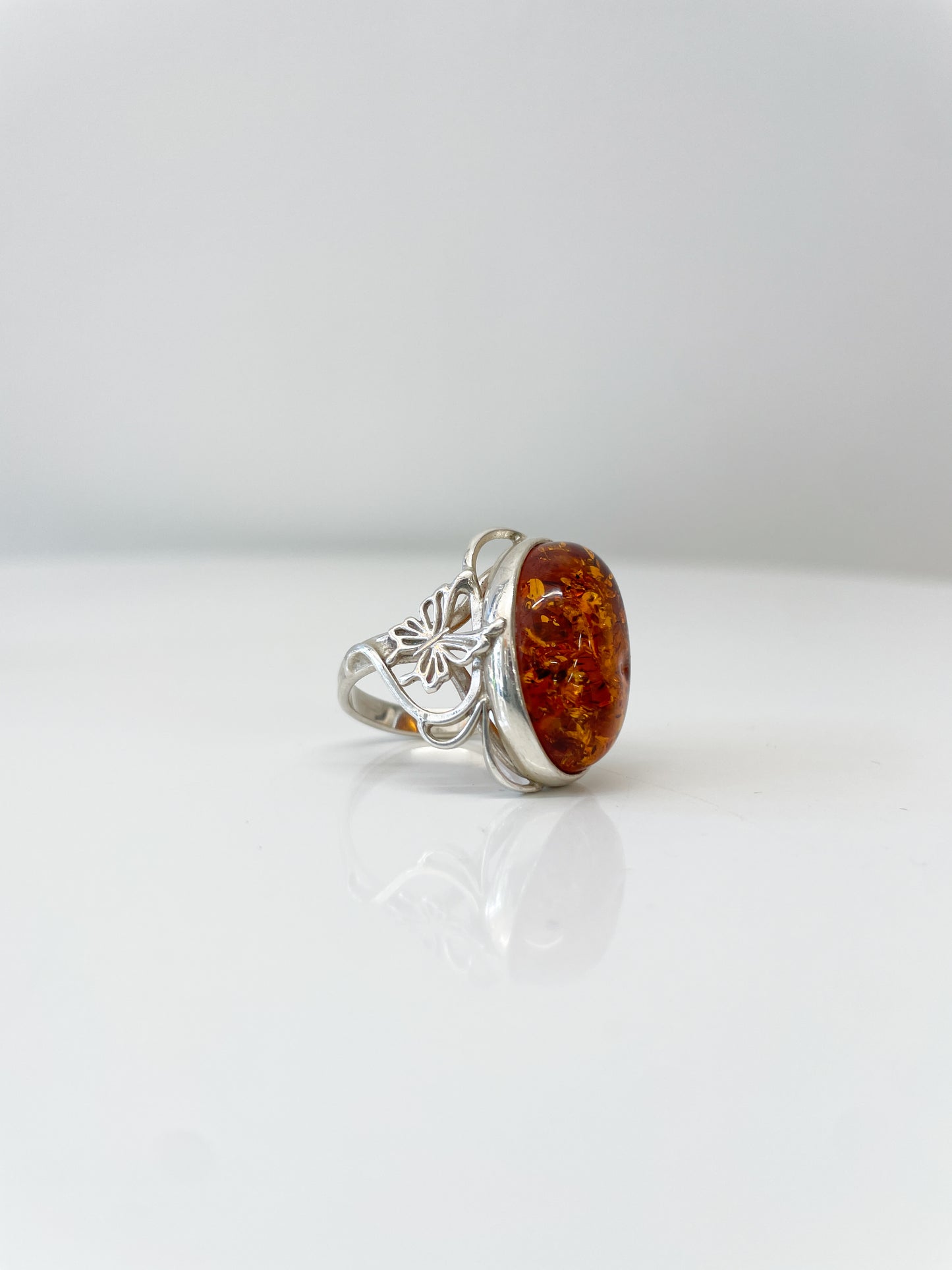 1970s Vintage Sterling and Amber Butterfly Motif Ring