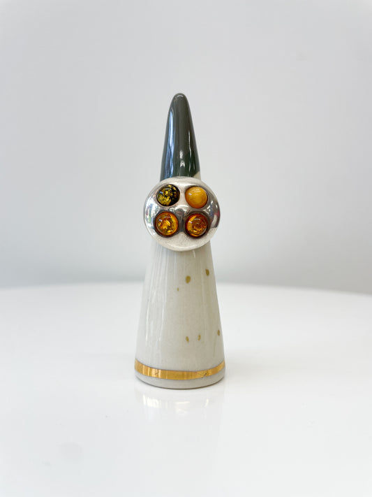 1970s Vintage Sterling and Amber Four Stones Ring