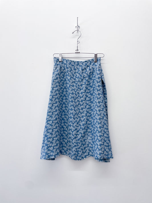 1970s Vintage Blue & White Delicate Florals Wrap Skirt