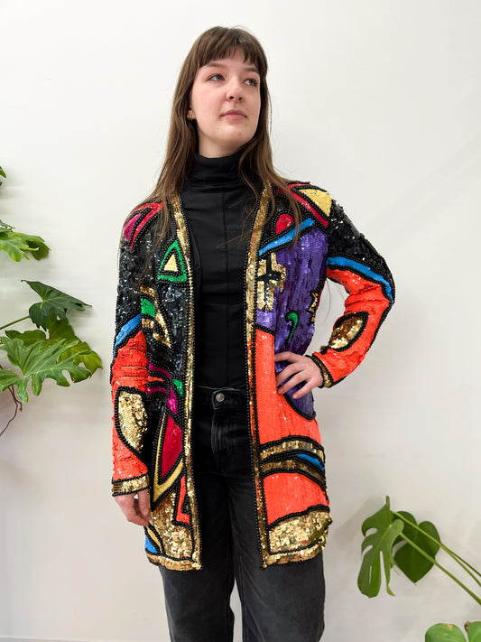 1980s Vintage Colorful Sequin Shapes Art Cardigan