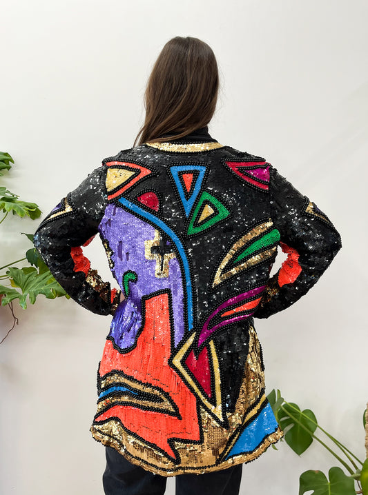 1980s Vintage Colorful Sequin Shapes Art Cardigan
