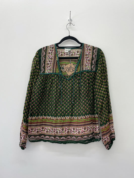1970s Vintage Green Block Print Indian Cotton Blouse