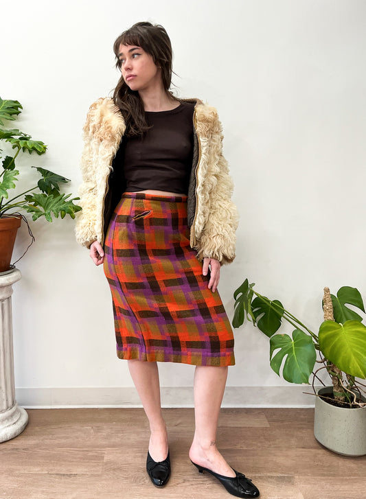 1960s Vintage Bright Colorful Plaid Wool Pencil Skirt - Deadstock - 2 Available, XS and Small