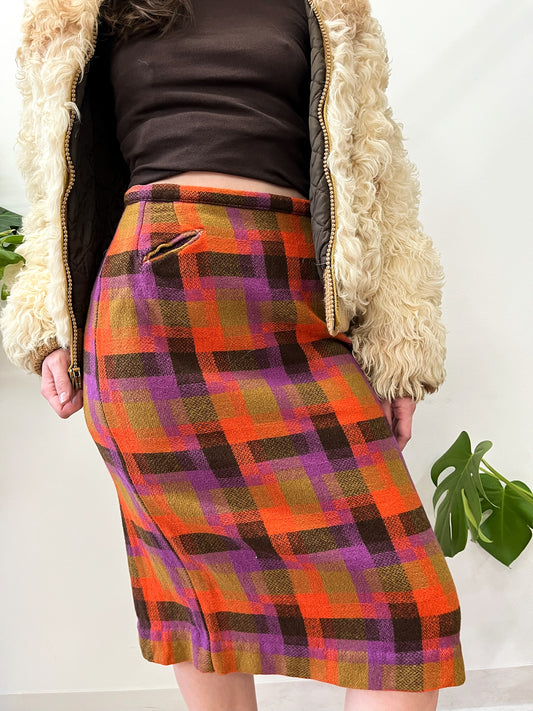 1960s Vintage Bright Colorful Plaid Wool Pencil Skirt - Deadstock - 2 Available, XS and Small