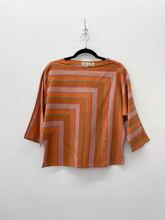 1980s Vintage Square Striped Sunset Cotton Bat Wing Blouse