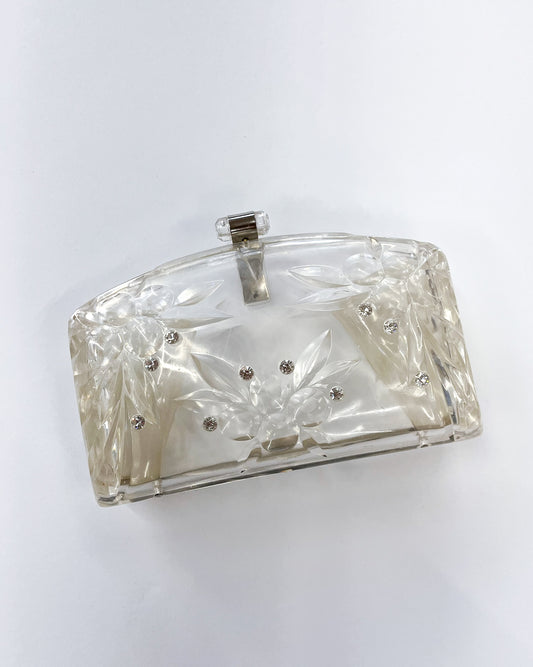 1950s Vintage Clear Lucite Carved Berries with Rhinestones Holiday Clamshell Clutch