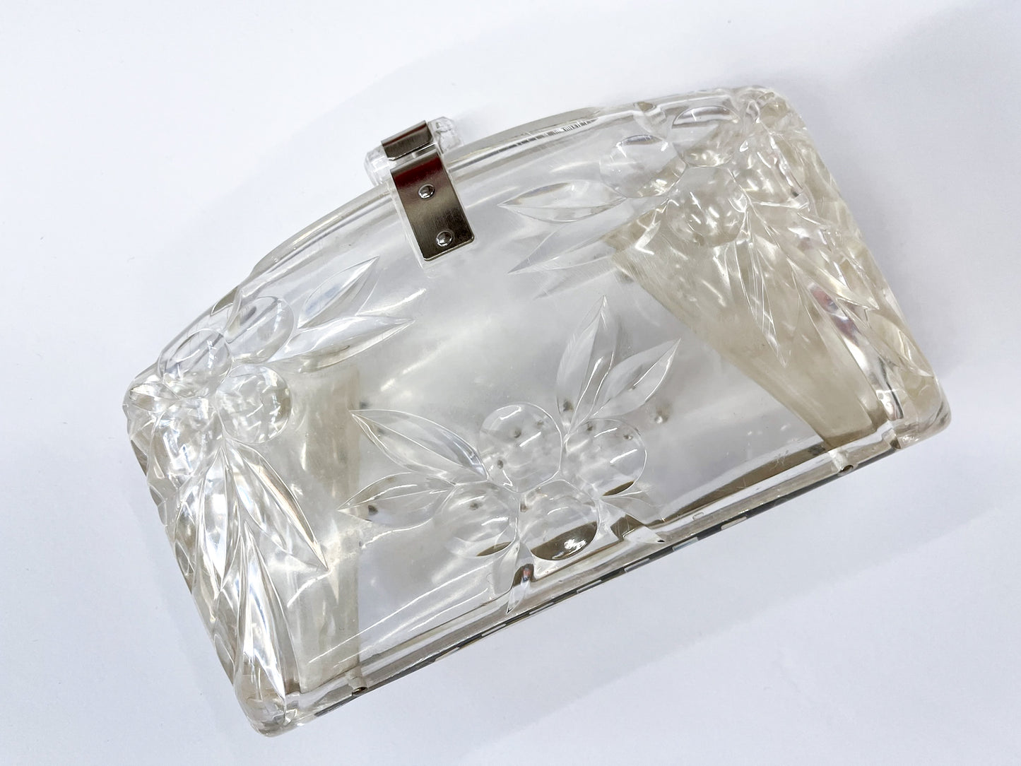 1950s Vintage Clear Lucite Carved Berries with Rhinestones Holiday Clamshell Clutch