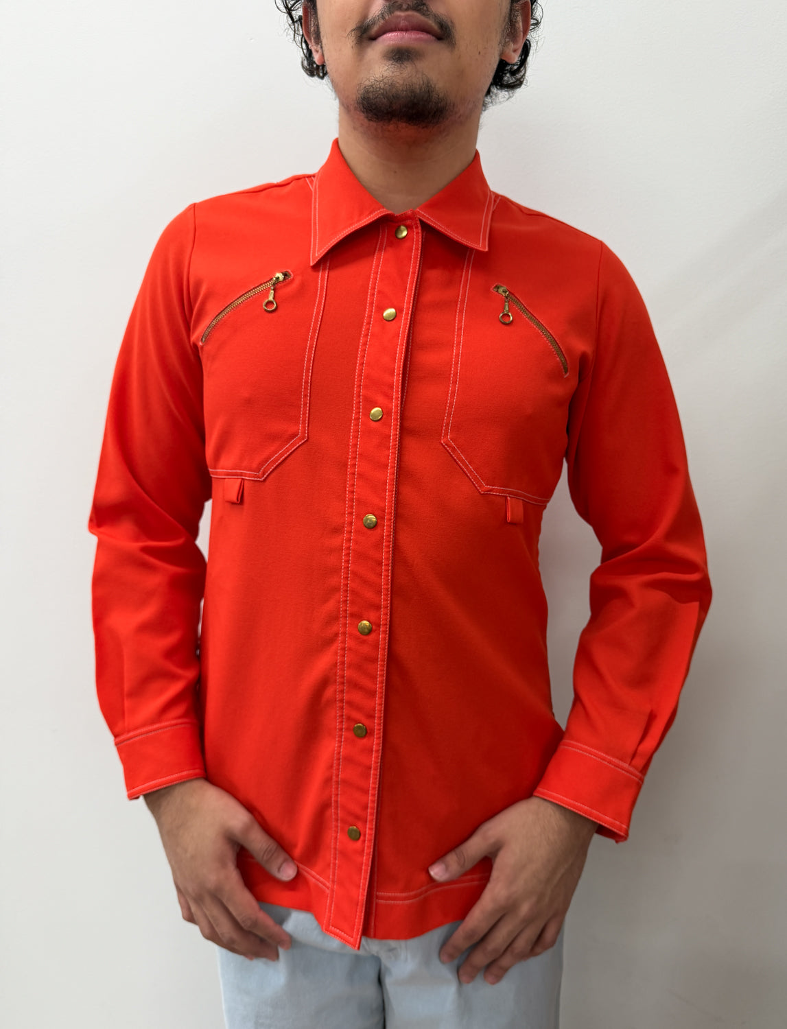 1970 Vintage Mod Orange Disco Western Dagger Collar Shirt