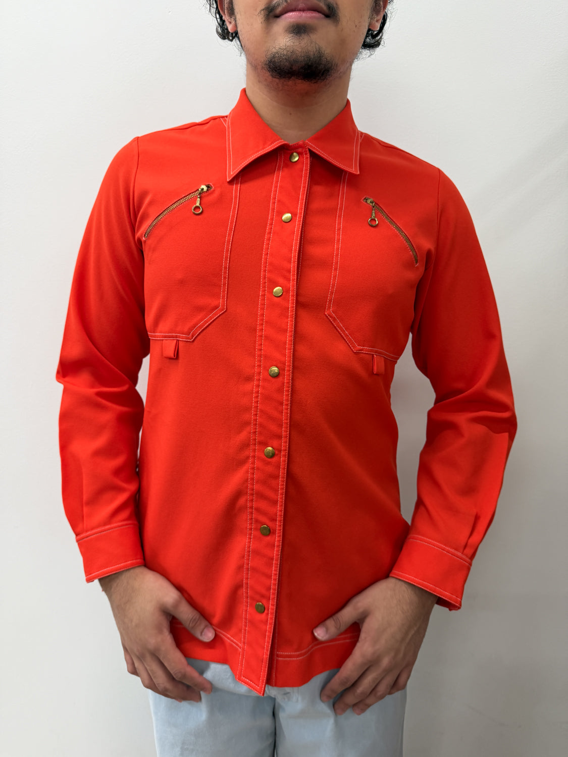 1970 Vintage Mod Orange Disco Western Dagger Collar Shirt