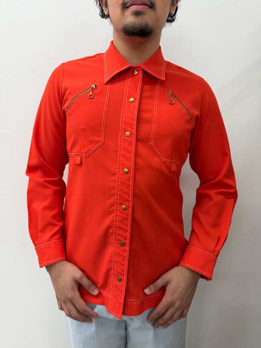 1970 Vintage Mod Orange Disco Western Dagger Collar Shirt