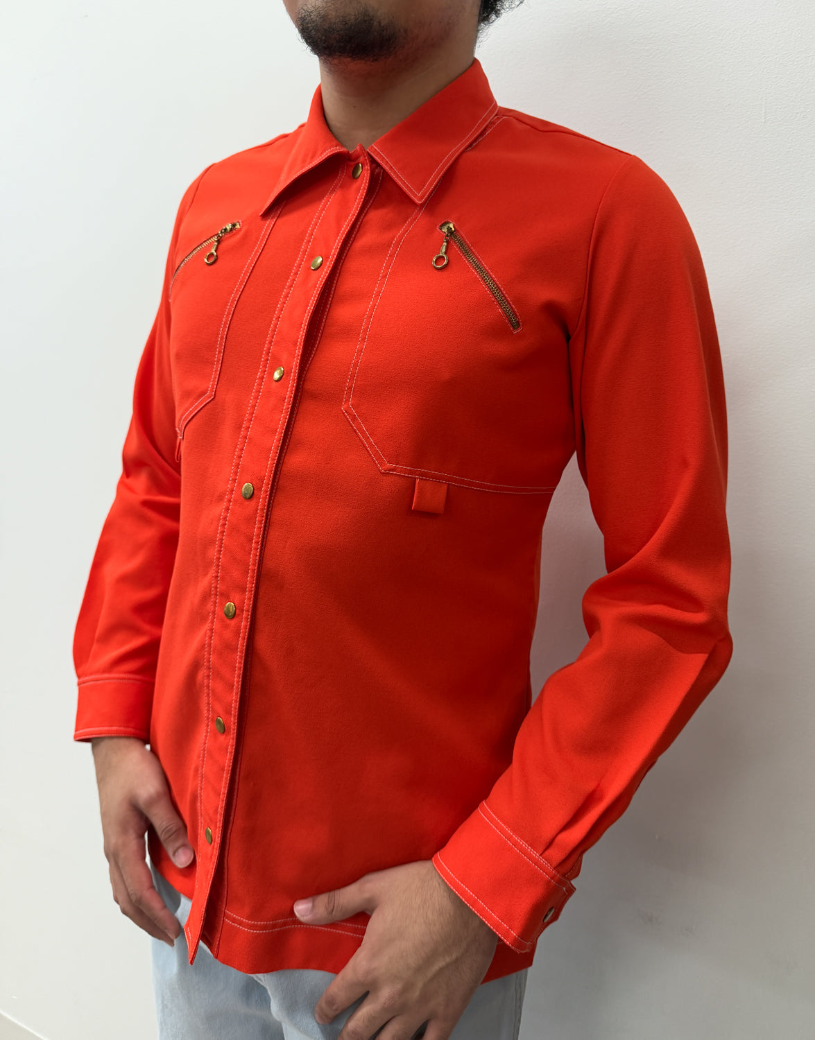 1970 Vintage Mod Orange Disco Western Dagger Collar Shirt