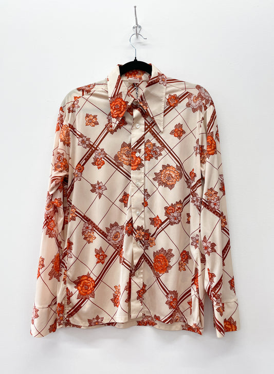 1970s Vintage Florals Over Grids Dagger Collar Disco Shirt