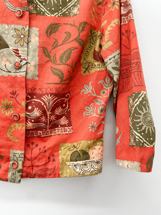 1950s Vintage Stamps Birds and Florals Novelty Print Button Up Blouse