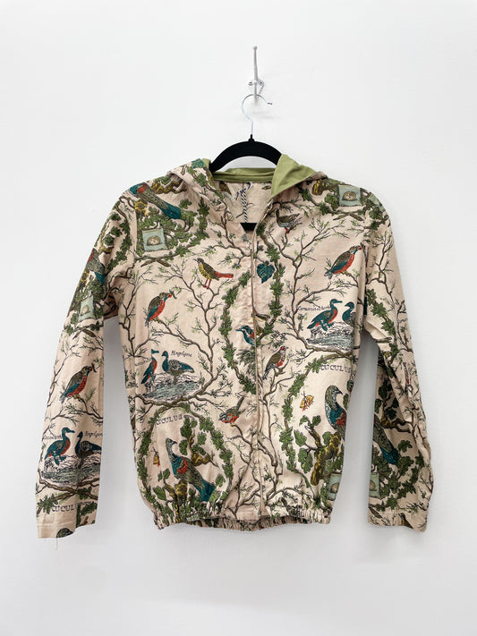 1970s Vintage Birds and Trees Nature Botanical Print Hooded Zip Up Jacket